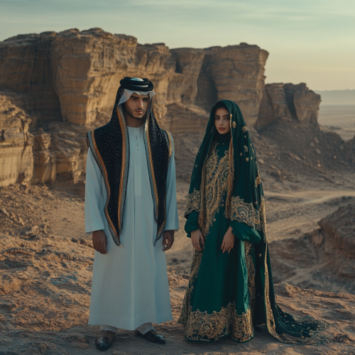 Modern couple in AlUla, Saudi traditional attire Modern couple in AlUla, Saudi traditional attire