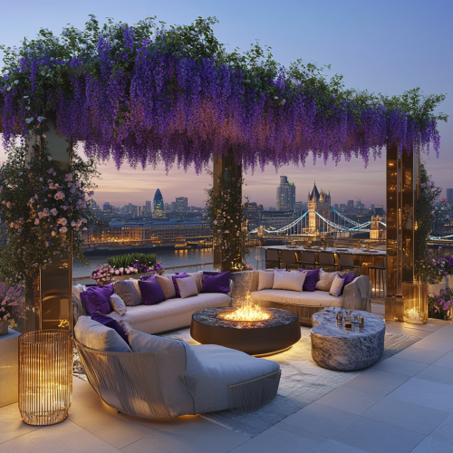 Modern luxury rooftop garden with London view & Tower Bridge.