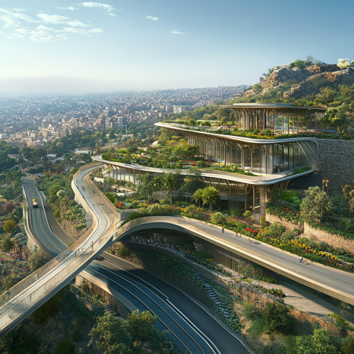 Modern railway station with terrace garden and city view