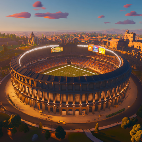 Modernized Roman colosseum, digital fans watch virtually, electronic billboards.