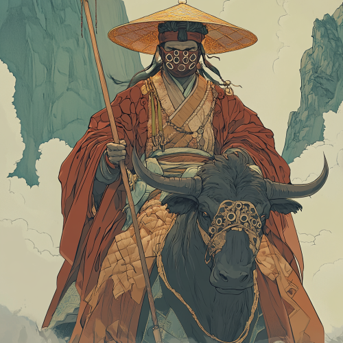 Monk in robe and mask rides ox through mountains.