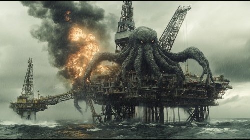 Monster Cthulu destroying oil rig in stormy weather