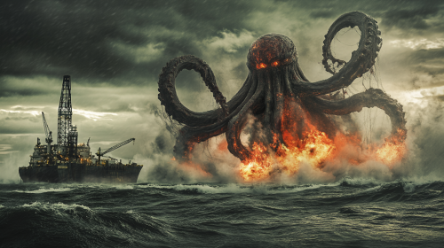 Monster cthulu attacks oil rig in storm