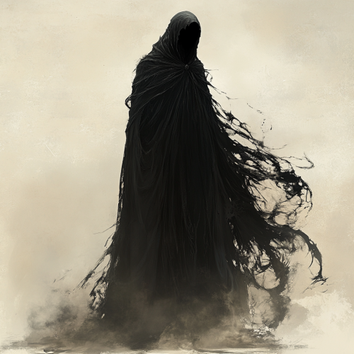Monstrous, deathlike creature with black cloak, towering figure.