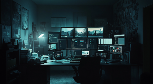 Moody room with desk of monitors showing video software. Moody room with desk of monitors showing video software.