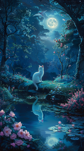Moonlit Clearing with Glowing Flowers and White Cat