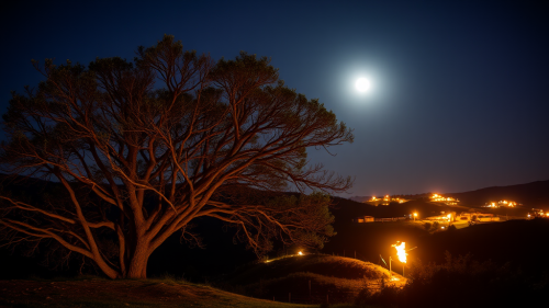 Moonlit Tree and Torch-Lit Houses at Night