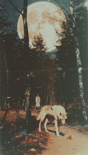 Moonlit forest scene with dog, wolf, and crayfish. Moonlit forest scene with dog, wolf, and crayfish.