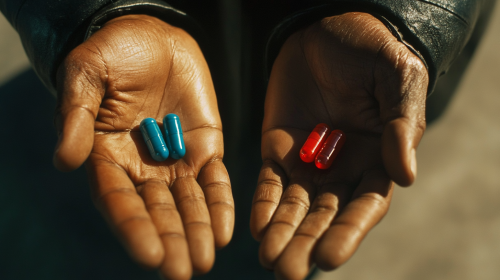 Morpheus offers two pills close up in photo