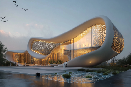 Mosque design with wave-like structure, ocean-blue glass, & greenery. Mosque design with wave-like structure, ocean-blue glass, & greenery.
