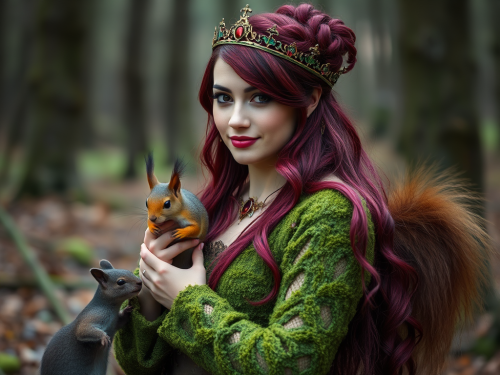 Moss-Dressed Queen with Squirrel in Forest