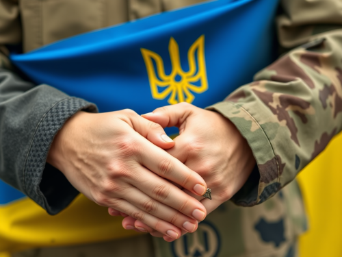 Mother and soldier hold hands under Ukrainian flag.