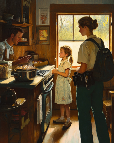 Mother cooking eggs, family getting ready to leave. Mother cooking eggs, family getting ready to leave.