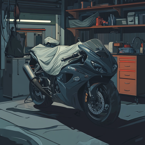 Motorcycle covered with moisture-absorbing material stored in garage. Motorcycle covered with moisture-absorbing material stored in garage.