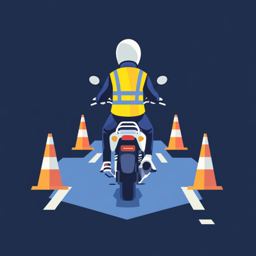Motorcyclist in yellow vest rides on road with cones