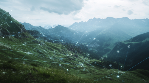 Mountain landscape with overlay of data lines and icons