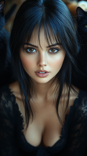 Movie still of Brazilian woman with black hair, cats.