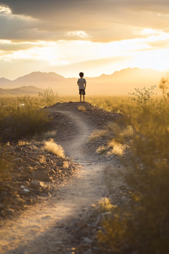 Movie style photo of a boy in desert.