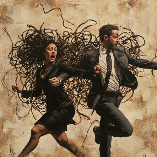 Multiracial Business Duo Escaping Tangled Chaos