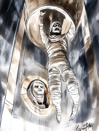 Mummy struggles to escape above a sarcophagus
