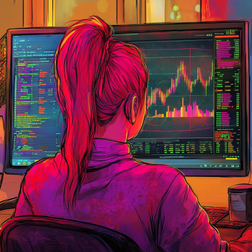 Muppet-style Pinkish Red Female Viewing Trippy Crypto Chart 