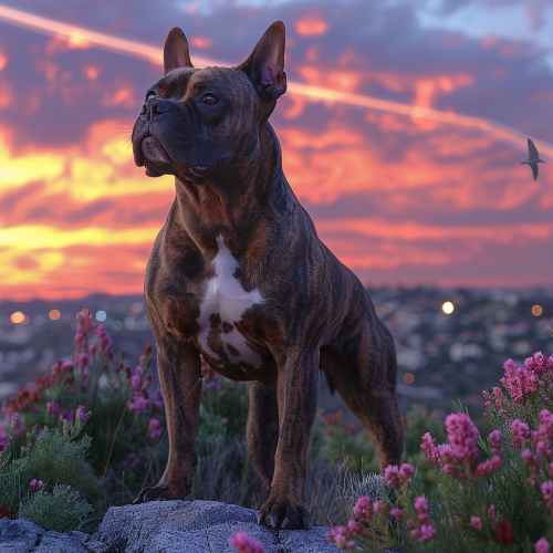 Muscular American Bully Dog at Majestic Sunset Landscape Muscular American Bully Dog at Majestic Sunset Landscape