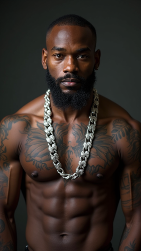 Muscular Dark-Skinned Man with Diamond Chain and Tattoos