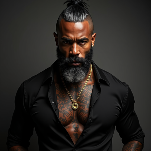 Muscular Man with Beards, Tattoos, and Gold Chain
