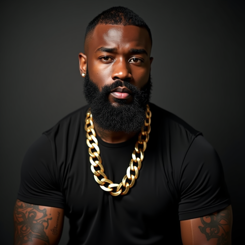 Muscular Man with Tattoos, Beard and Gold Chain