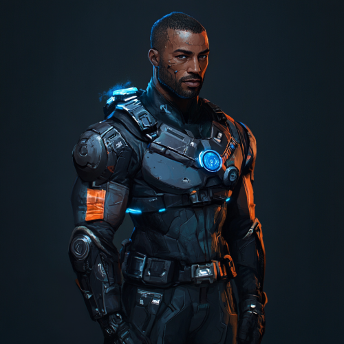 Muscular Sci-Fi Hero with Dark Skin and Blue Eyes