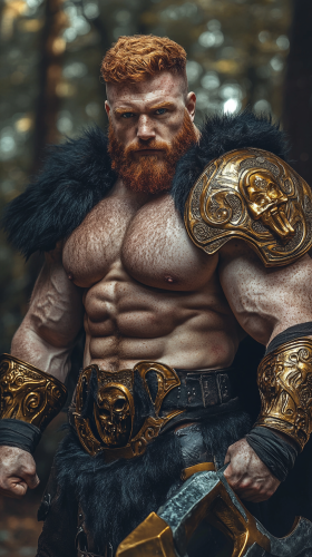 Muscular half-orc in gladiator armor with axe flexing.