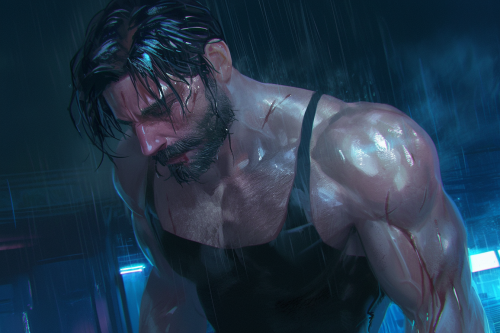 Muscular man in stormy town, horror art style.
