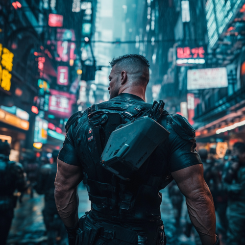 Muscular man walking in futuristic city street, cinematic lighting