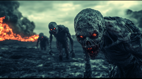 Mutant humans crawl on apocalyptic lava landscape