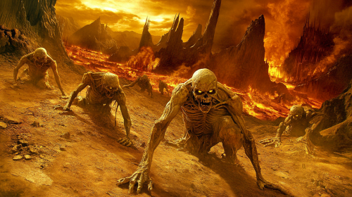Mutant humans crawling in dark, apocalyptic landscape
