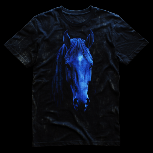 Mysterious Blue Horse T-shirt with Pixelated Design