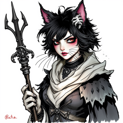 Mysterious Cat Sorceress in Gothic Style Drawing