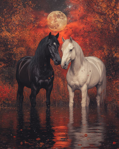 Mysterious Halloween night: two horses in Renaissance elegance