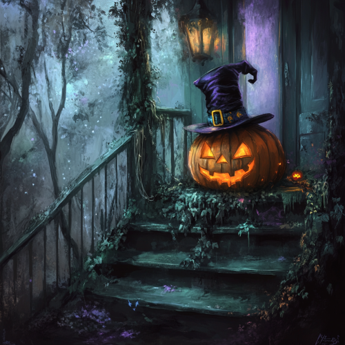 Mysterious Jack-o'-lantern on spooky porch steps