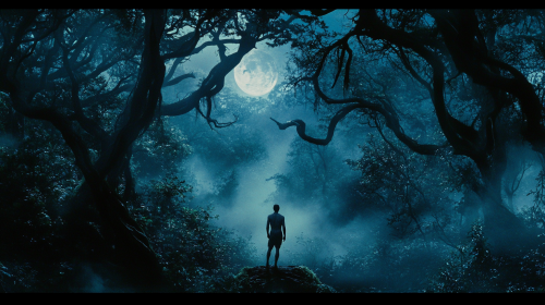 Mysterious Night: Man in Foggy Forest