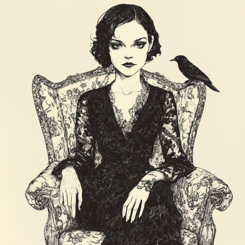 Mysterious Woman in Vintage Chair: An Edward Gorey-Inspired Illustration