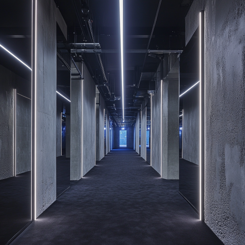 Mysterious corridor with changing lights and black carpet