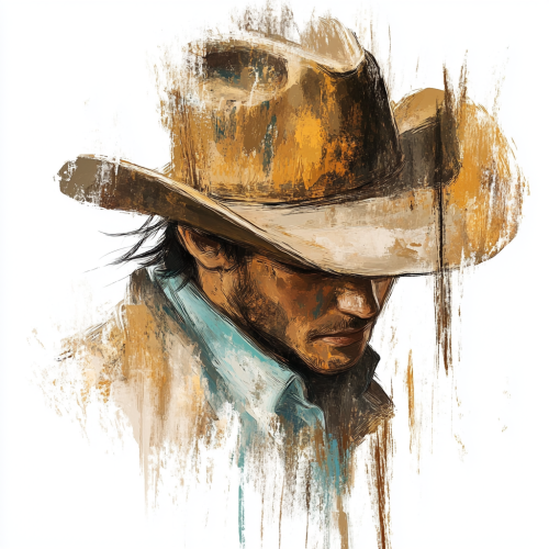 Mysterious cowboy in oil painting style on white background