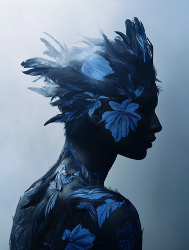 Mysterious creature with feathers and floral patterns