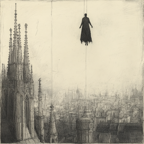 Mysterious figure floating above gothic cityscape