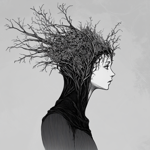 Mysterious figure with web-like headdress in calm setting.