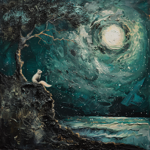 Mysterious fox gazes at moonlit cliff