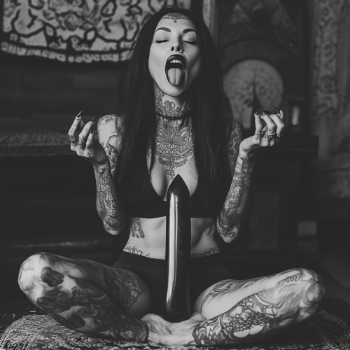 Mysterious lady meditating with large onyx stone