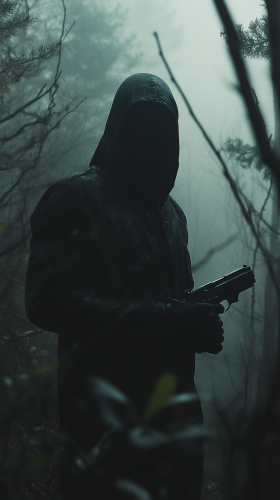 Mysterious men in black with no face in forest