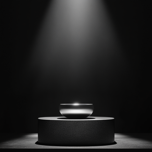 Mysterious metallic object on sleek pedestal in dim room